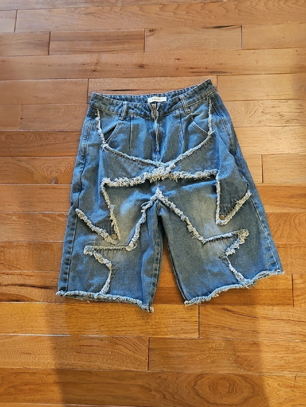 Vintage Kenvibe Funky Frayed Star Detail Denim Shorts - Blue